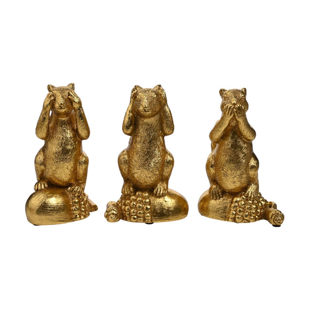 Set of three gold resin squirrel figurines covering eyes, ears, and mouth, each seated on a textured acorn, shown against a plain white background.