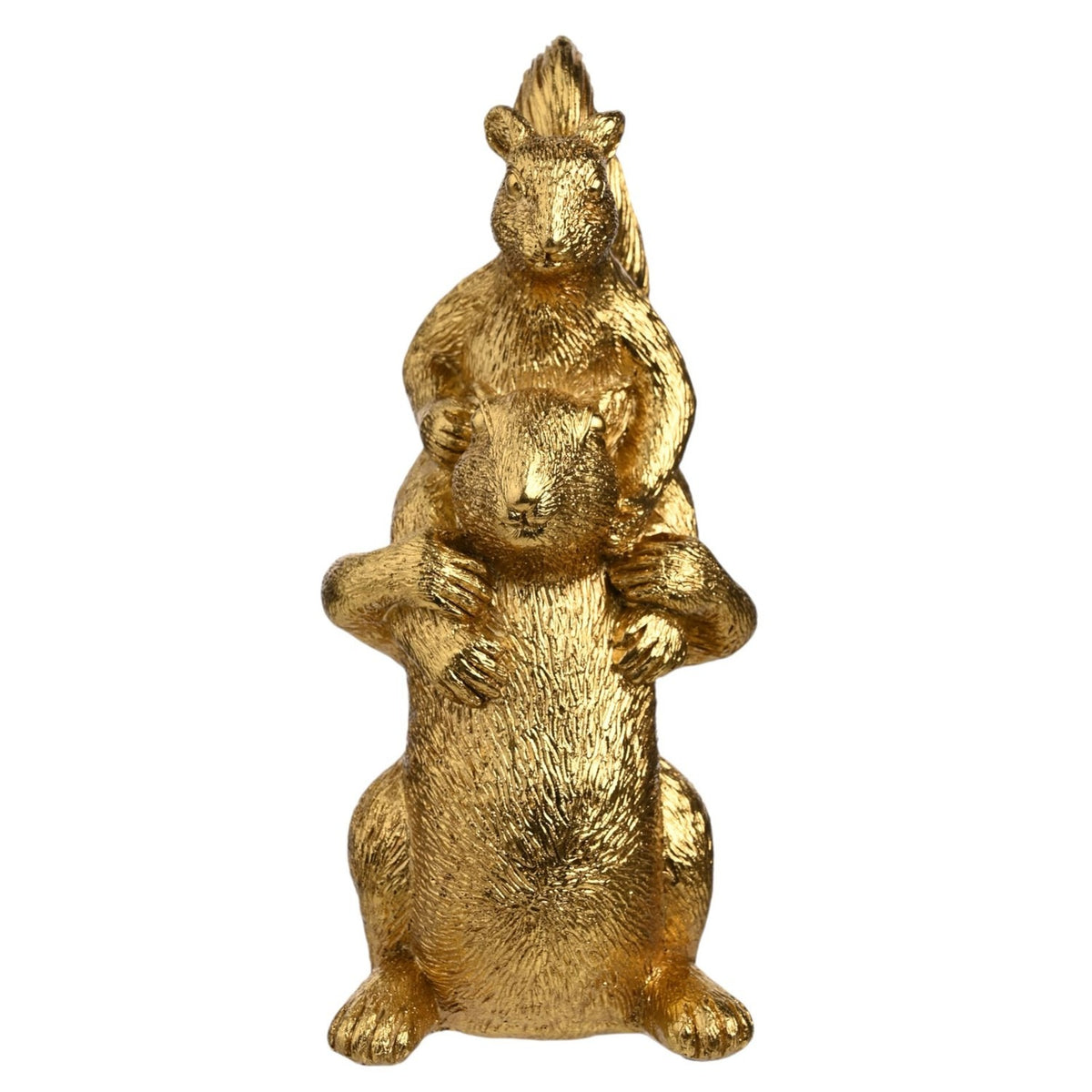Two Squirrels Piggyback Fur Textured Resin Figurine - Gold