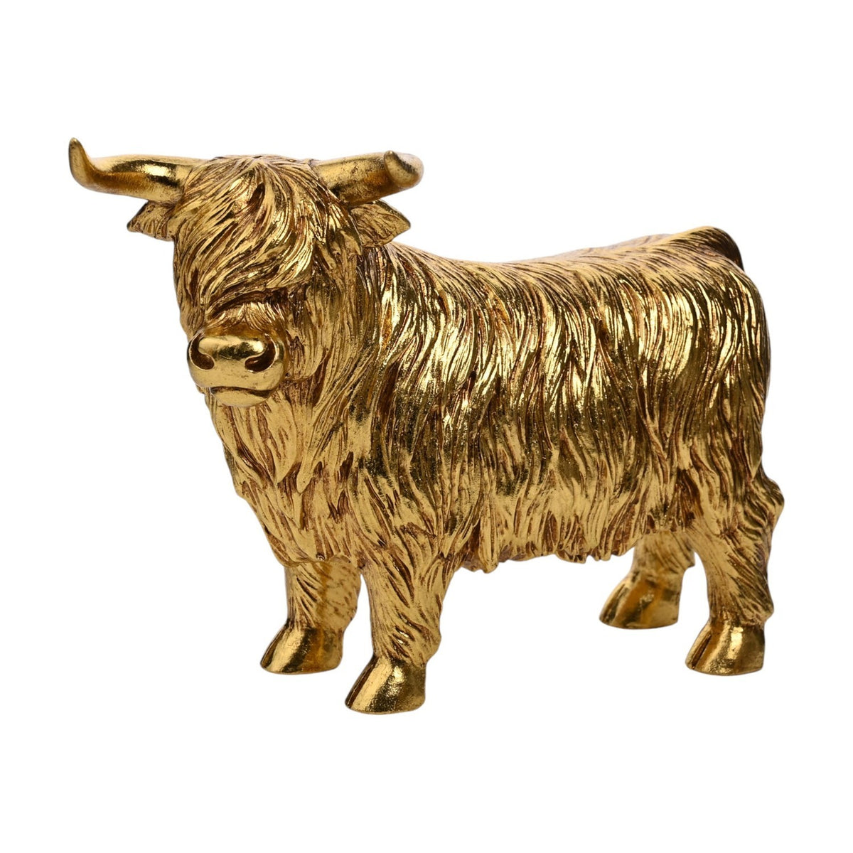 Small Standing Shaggy Highland Cow Resin Figurine in gold, with textured coat, curved horns and fringe over the eyes, standing on a plain white background.