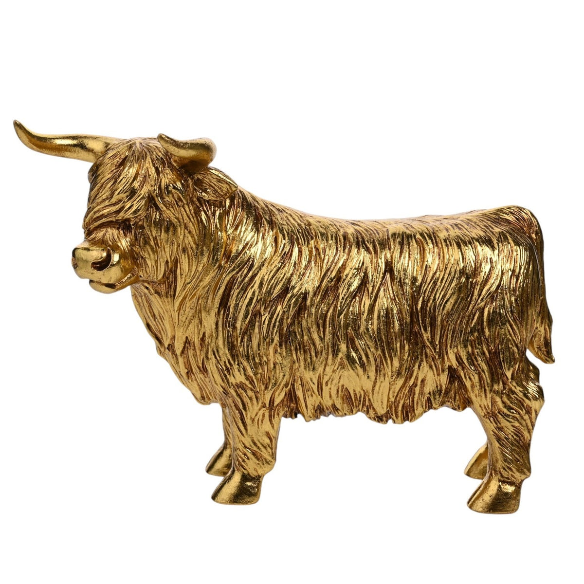 Small Standing Shaggy Highland Cow Resin Figurine in Gold, textured shaggy coat with curved horns, standing on four hooves against a plain white background.