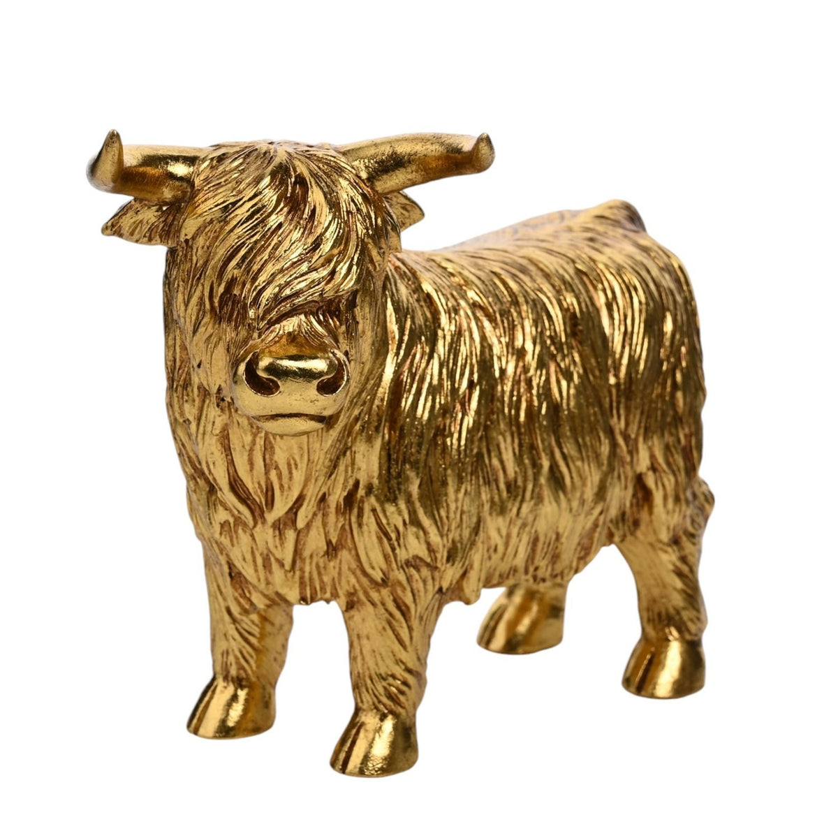 Small Standing Shaggy Highland Cow Resin Figurine in Gold, textured coat detail and curved horns, standing on four hooves against a plain white background.