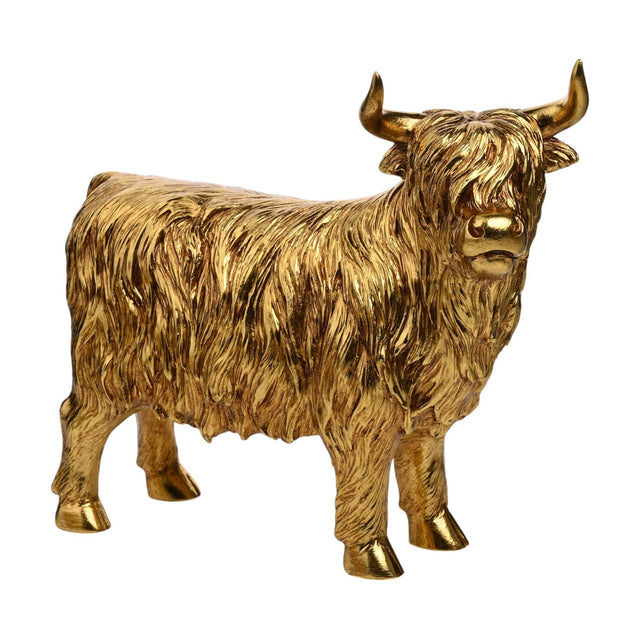 Large Shaggy Horned Highland Cow resin figurine in shiny gold, with textured ridged coat, heavy fringe and upturned horns, shown standing on a plain white background.