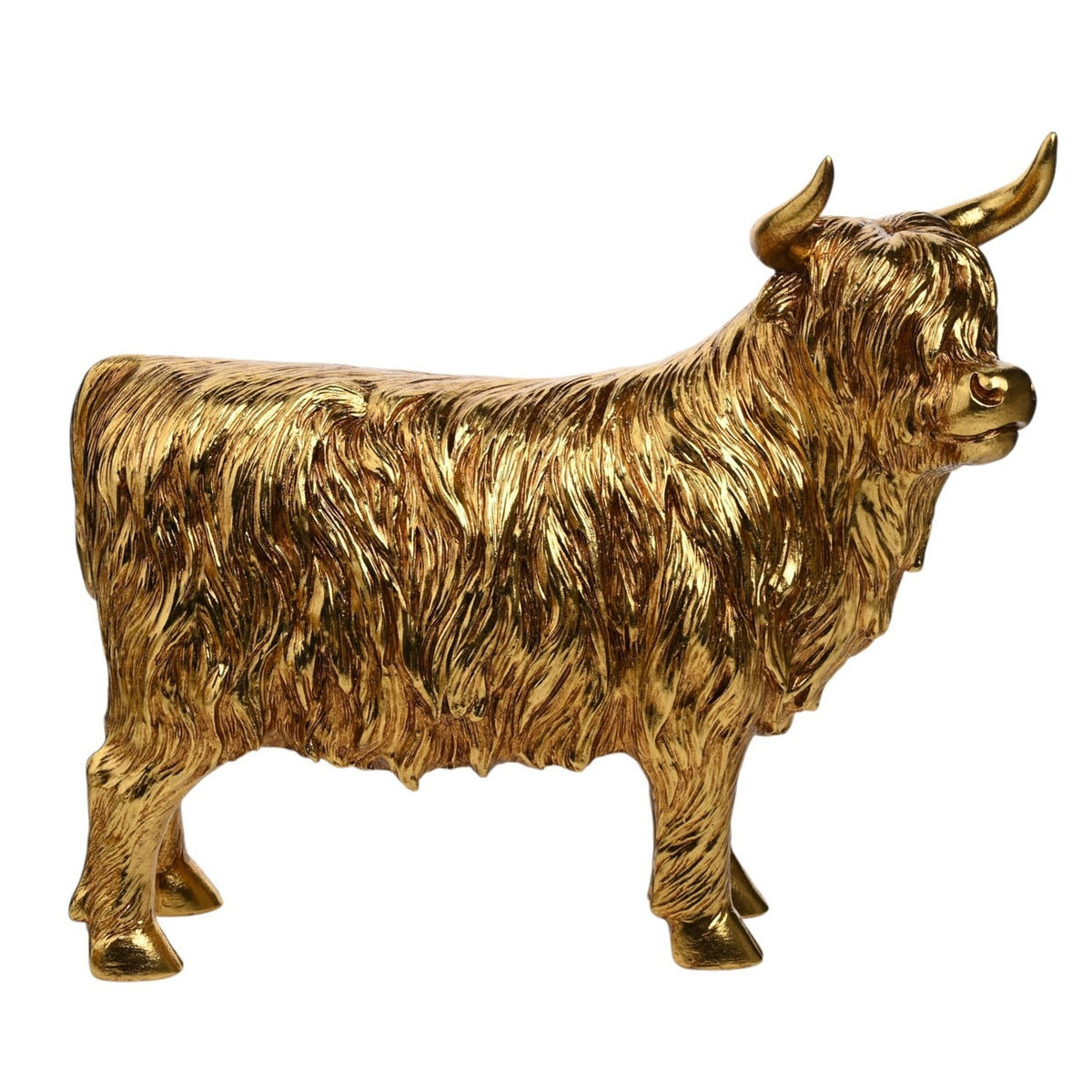 Large Highland cow figurine in shiny gold resin, standing with shaggy ridged coat, heavy fringe and upturned horns, shown side-on against a plain white background.