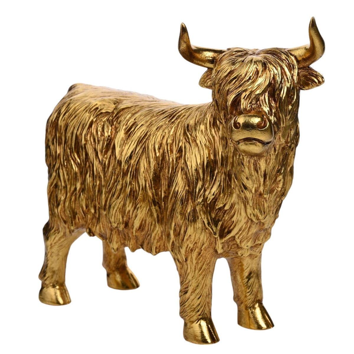 Large shaggy Highland cow figurine in shiny gold resin, with textured coat, heavy fringe and upturned horns, shown on a plain white background.
