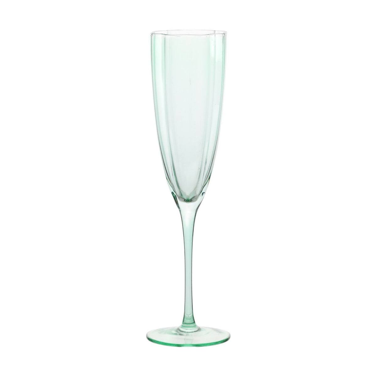 Green scallop stemmed glass champagne flute with panelled bowl, scalloped rim, slim stem and round flat foot, shown on a plain white background.