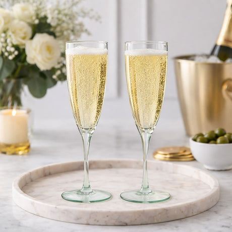 Set of two scallop stemmed champagne flutes in pale green glass, filled with sparkling wine on a marble tray beside white roses and a champagne bucket.