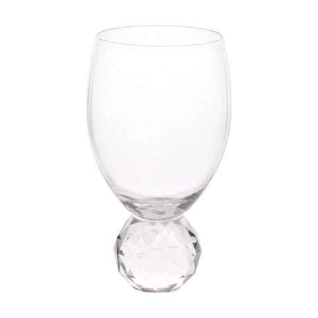 Clear wine glass with a rounded bowl set on a faceted diamond ball base, shown against a plain white background.