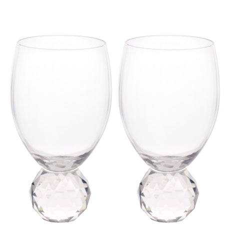 Set of two clear glass wine glasses with rounded bowls on a faceted diamond ball base, shown on a plain white background.