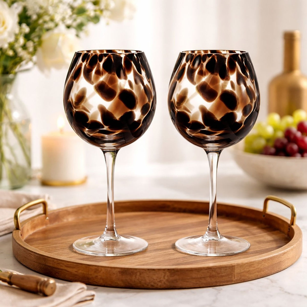 Dark Brown Tortoise Shell Wine Glass Set of 2 - Black & Clear