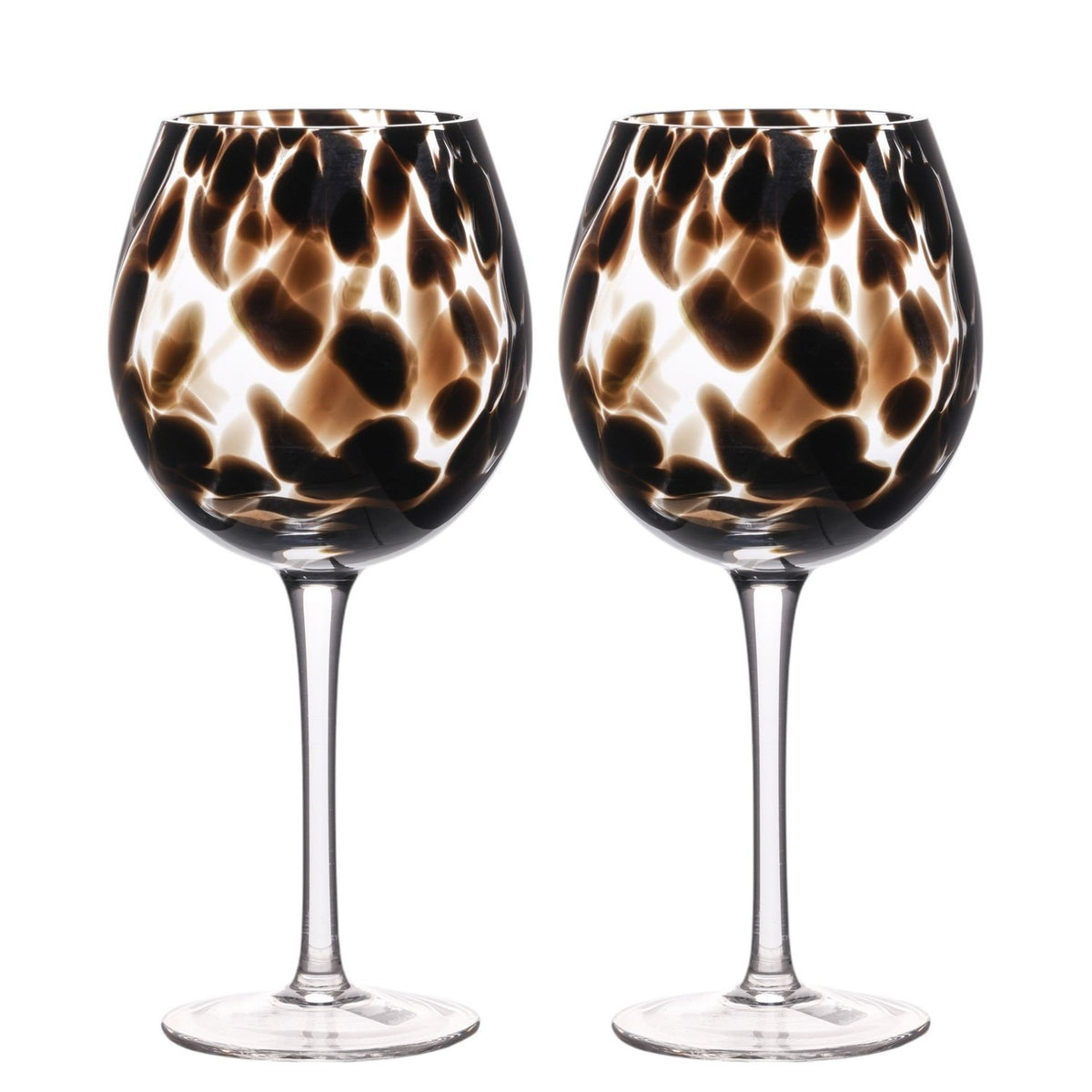 Dark Brown Tortoise Shell Wine Glass Set of 2 - Black & Clear