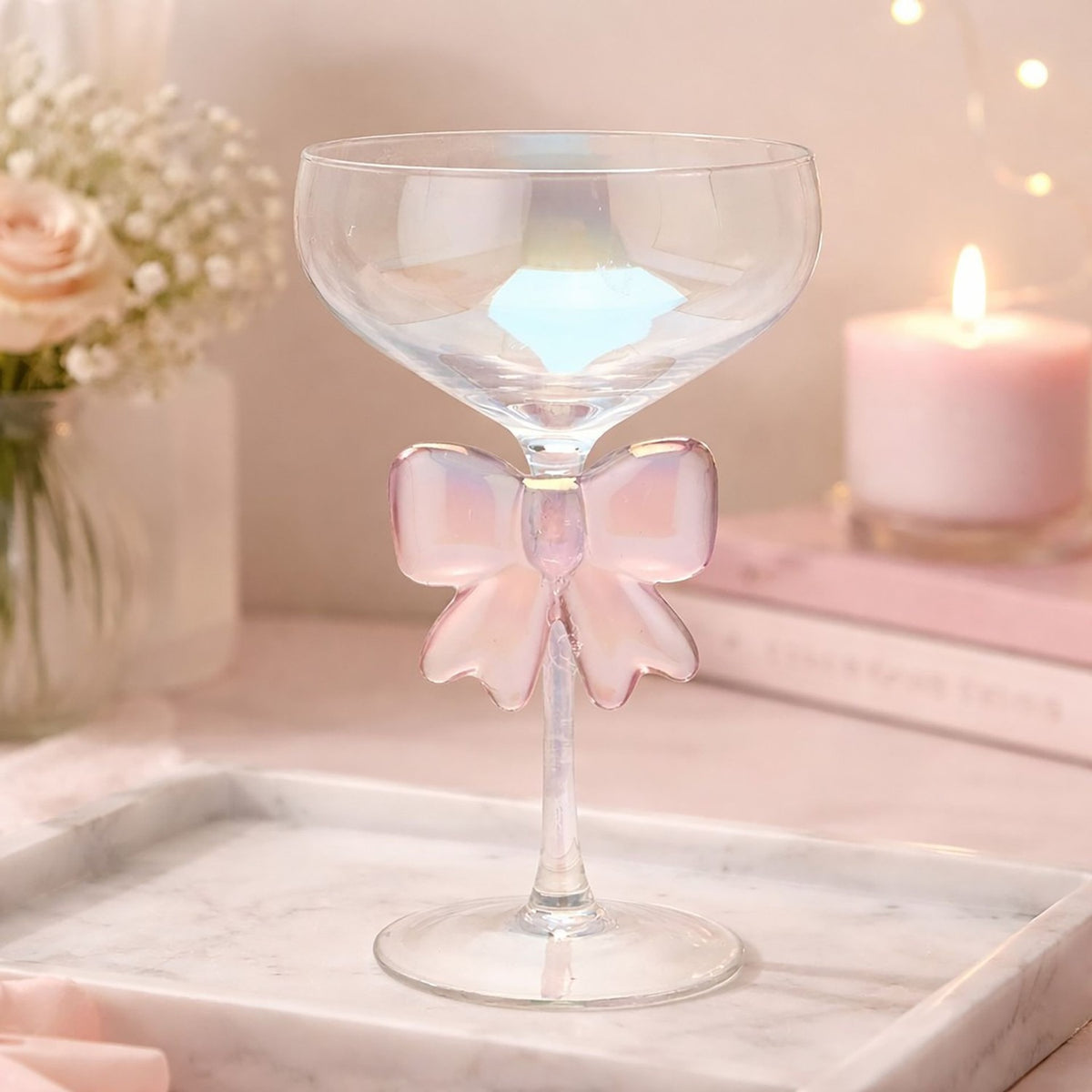 Iridescent Coupe Martini Glass with Pink Bow Stem - Clear