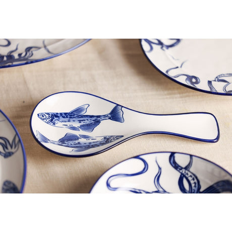 Two Fish Design Stoneware Spoon Rest 28cm - White & Blue