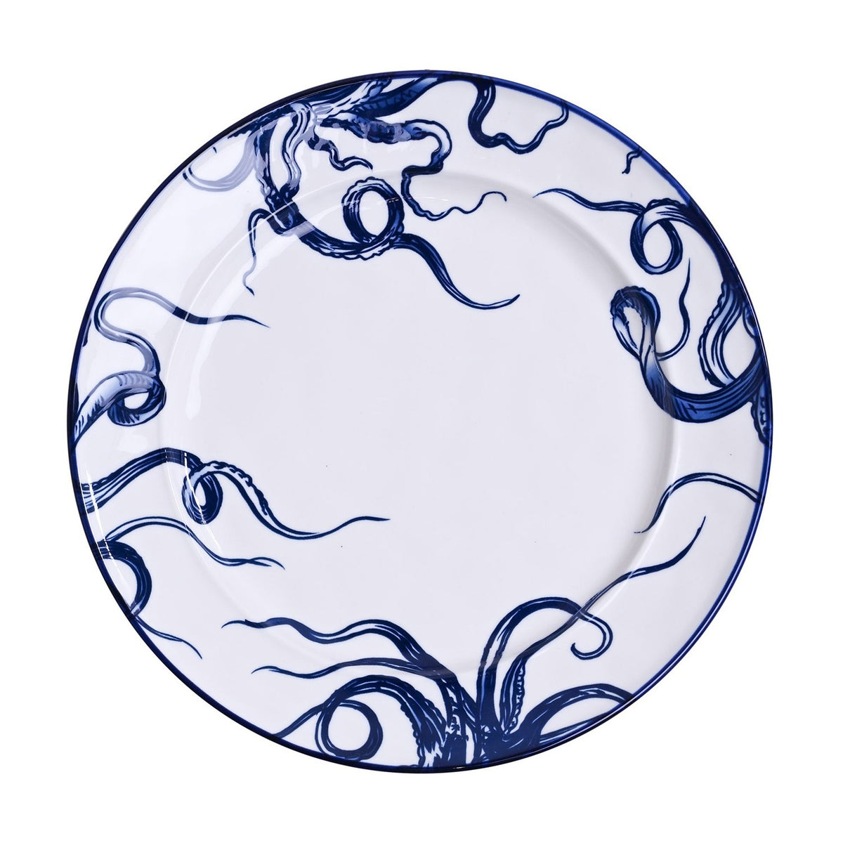 Round white stoneware dinner plate, 27.5cm, with a hand-drawn blue octopus and curling tentacles around the rim and a fine blue edge line, on a plain white background.