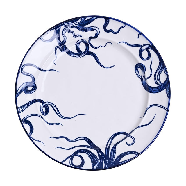 Round white stoneware dinner plate, 27.5cm, with a hand-drawn blue octopus and curling tentacles around the rim and a fine blue edge line, on a plain white background.