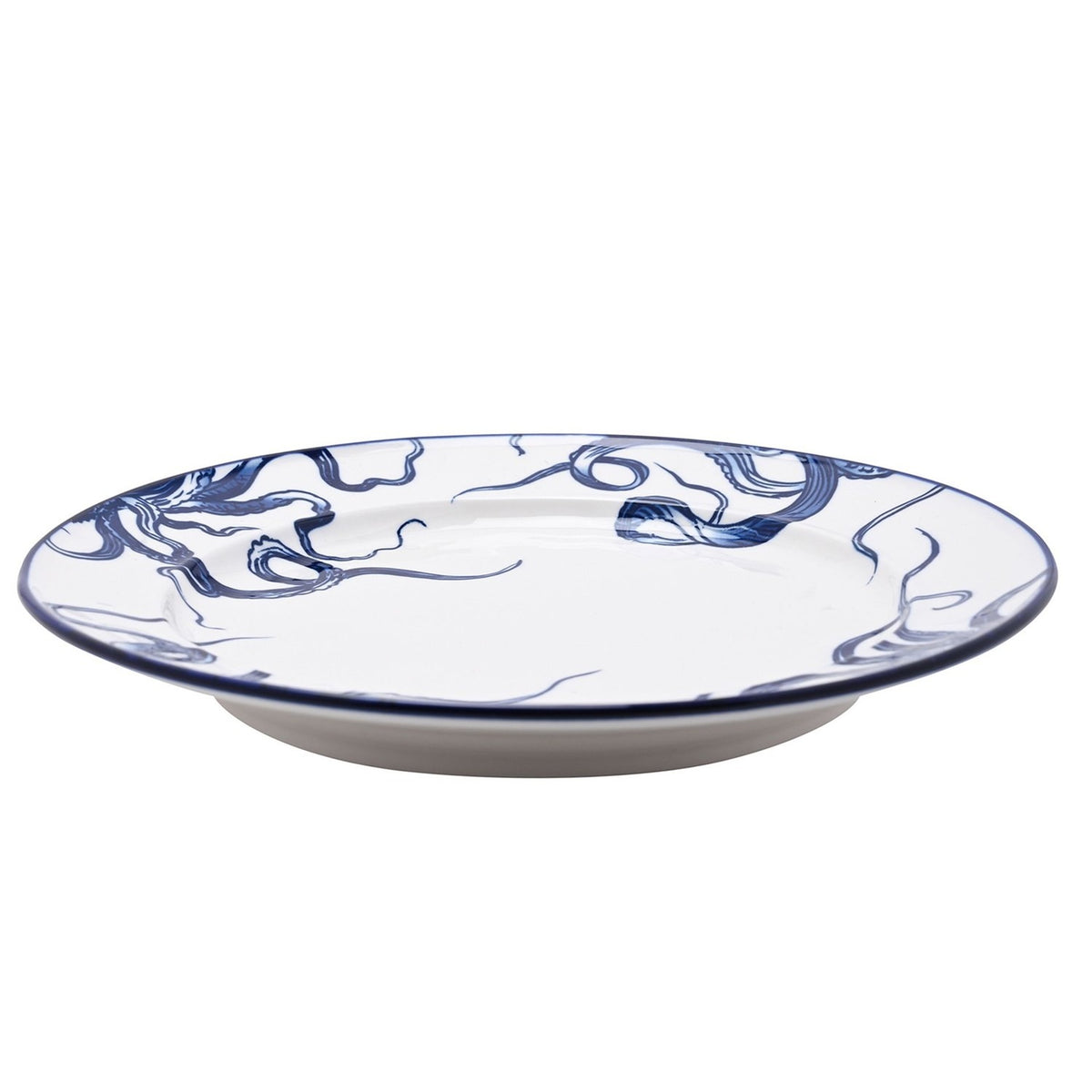Side view of the Octopus Design Stoneware Dinner Plate 27.5cm, round with a wide white rim featuring blue octopus tentacle line art and a thin blue edge, on a plain white background.
