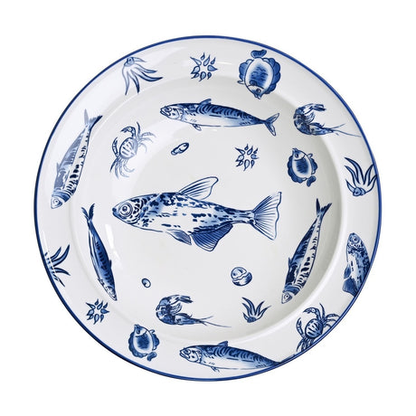 Round deep stoneware plate, 37.5cm, with blue fish, crabs, prawns and seaweed motifs on a white ground and a fine blue rim line, shown on a plain background.