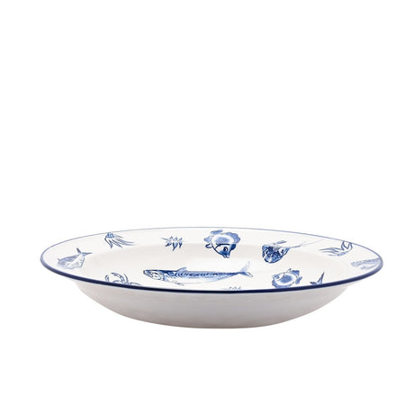 Round deep stoneware plate, 37.5cm, in white with a blue hand-painted fish design, sea creatures round the rim, and a fine blue edge line, shown on a plain background.