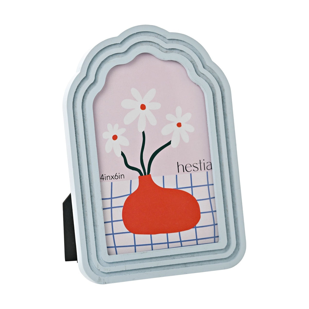 Scalloped arched wooden photo frame in pale blue with stepped tiered layers, holding a 6 x 4in portrait photo, shown at an angle against a plain white background.