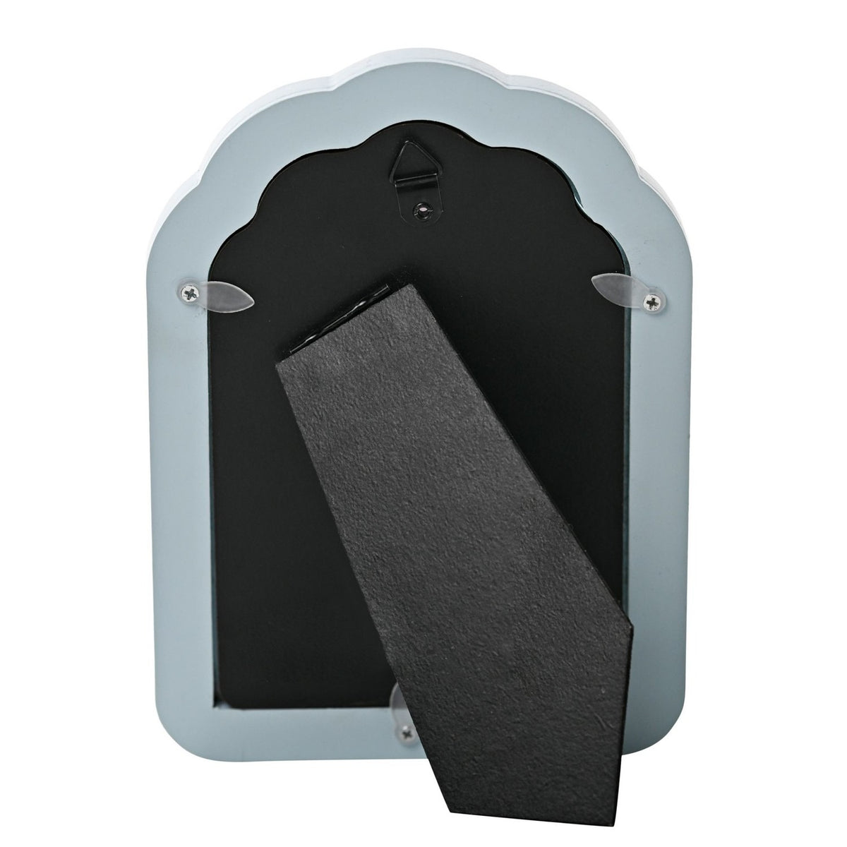 Back view of the Scalloped Arched Tiered Wooden Photo Frame in blue, showing black backing, metal hanging hook, easel stand and corner screws on a white background.