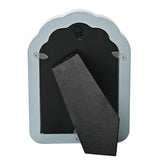 Back view of the Scalloped Arched Tiered Wooden Photo Frame in blue, showing black backing, metal hanging hook, easel stand and corner screws on a white background.