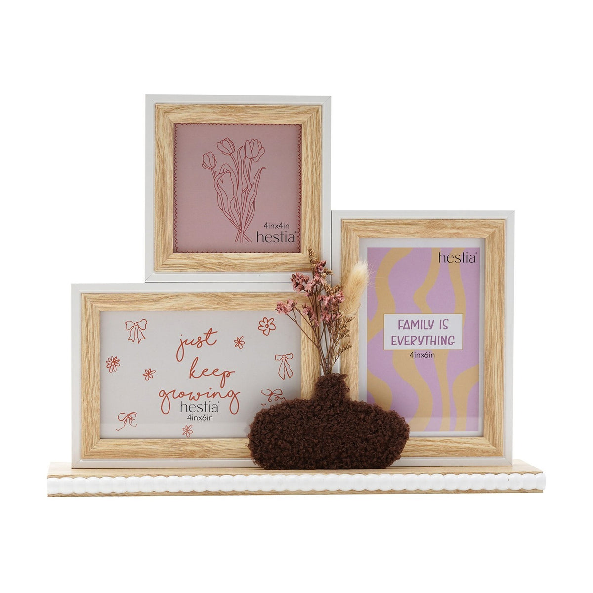 3 Collage Wooden Photo Frame with Vase & Dried Flowers - Brown