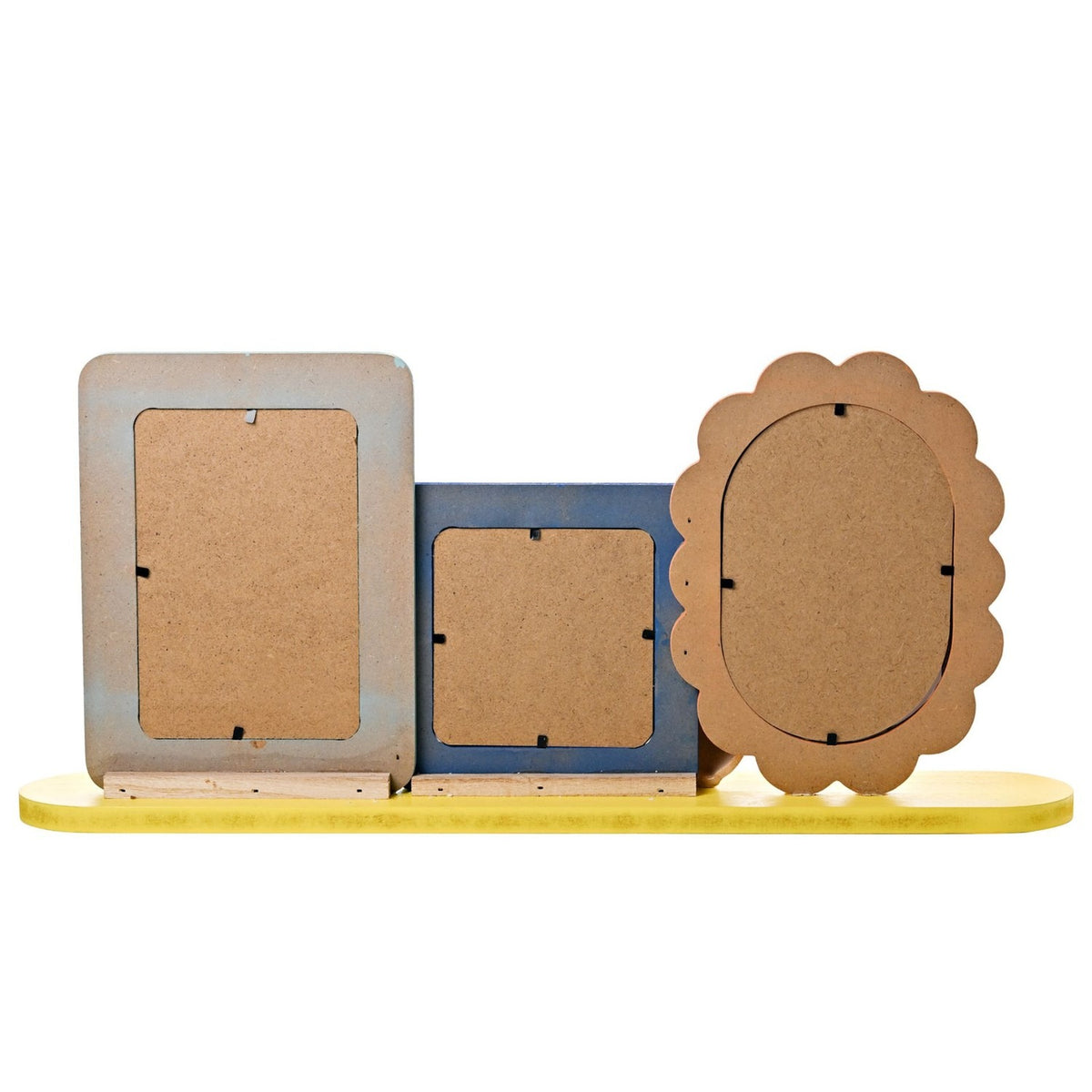Rear view of the Brights Wooden 3 Aperture Collage Photo Frame on a yellow base, showing MDF backing panels and wooden stands, set against a plain white background.
