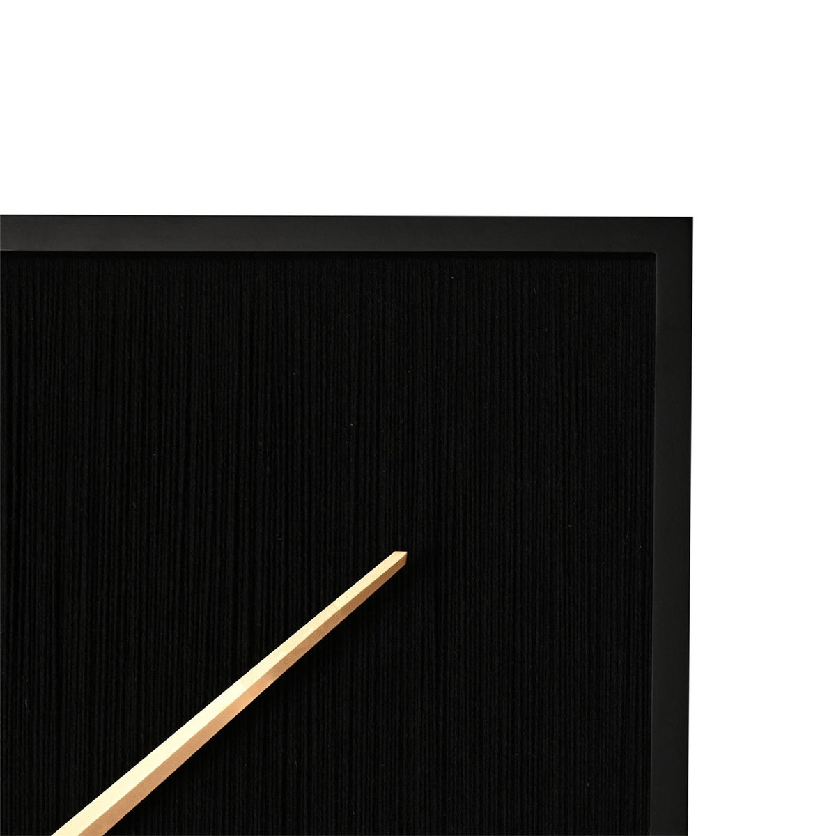 Close-up of the Square Woven Thread Face Wall Clock in black, showing textured thread panels, a slim black frame, and a slender gold hand.