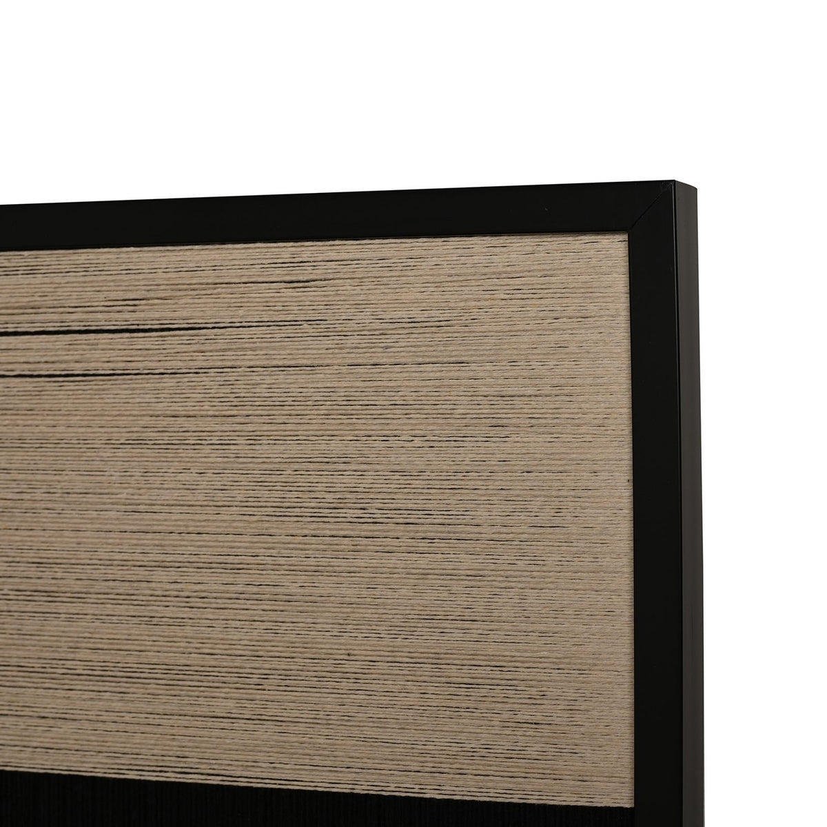 Close-up corner view of the Woven Thread Wall Art, 50cm x 70cm, showing a black frame edge with a cream horizontal thread panel against a black woven base.