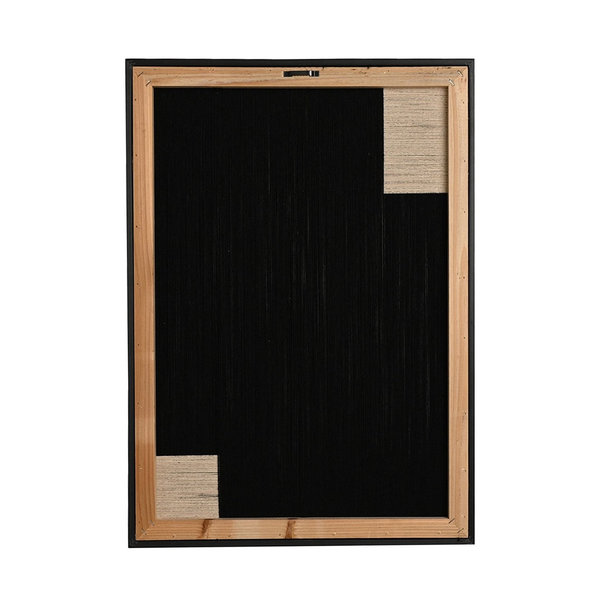 Woven Thread Wall Art in black and cream, rectangular wood-framed tapestry with vertical black threads and crosswise cream thread blocks at top-right and bottom-left, shown on a white background.