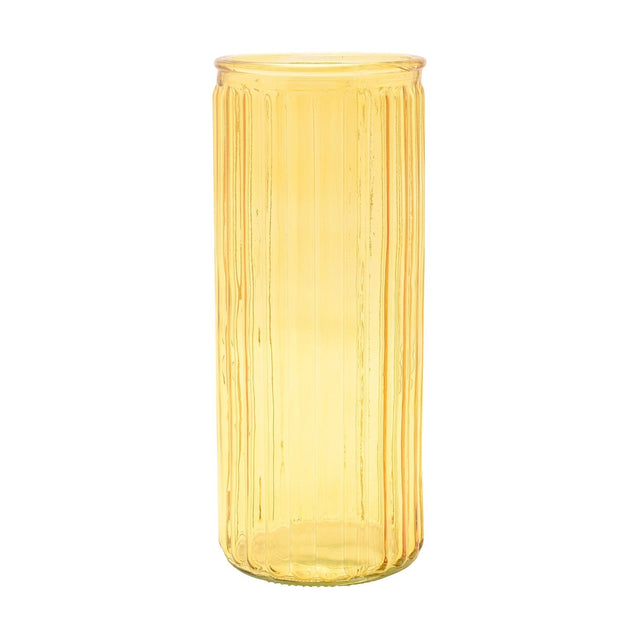 Tall vertical ribbed glass vase in yellow with a cylindrical shape, fine vertical ribbing, and a plain rim band, shown against a plain white background.