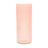 Tall ribbed cylindrical glass flower vase in pink with vertical ridges and a rolled rim, 24.5cm, shown against a plain white background.