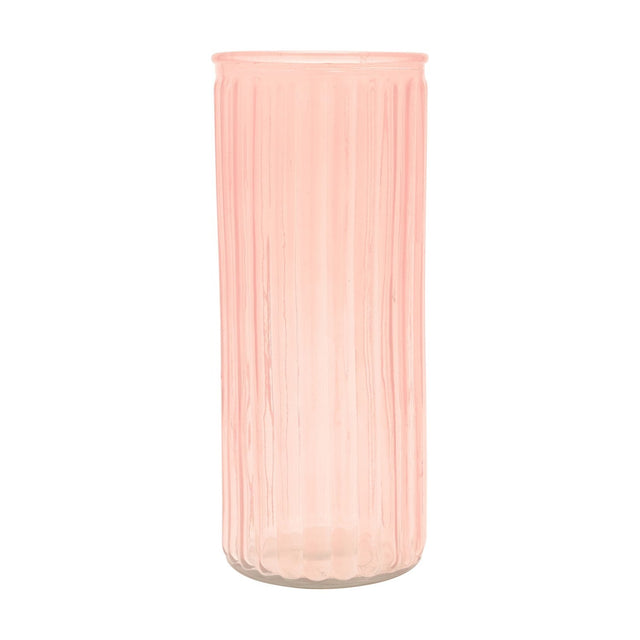 Tall ribbed cylindrical glass flower vase in pink with vertical ridges and a rolled rim, 24.5cm, shown against a plain white background.