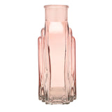 Light pink glass vase with a stepped arch design and narrow neck, nested ridges tapering inward on a flat-sided body, shown on a plain white background.