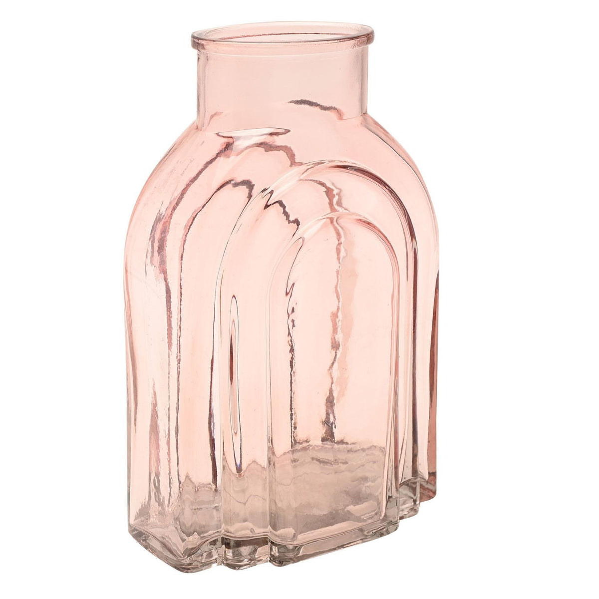 Light pink glass vase with a narrow neck and stepped arch design on the front, shown against a plain white background.