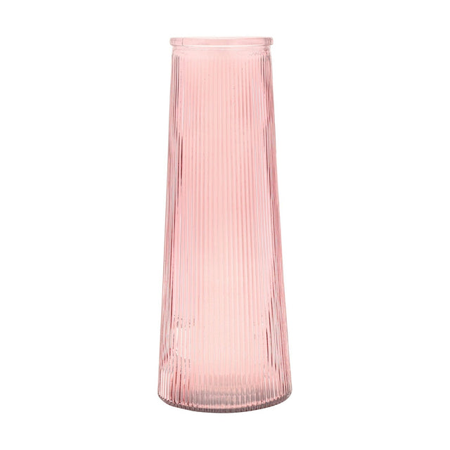Tall ribbed tapered glass vase in pink with fine vertical lines and a narrow rim, set against a plain white background.