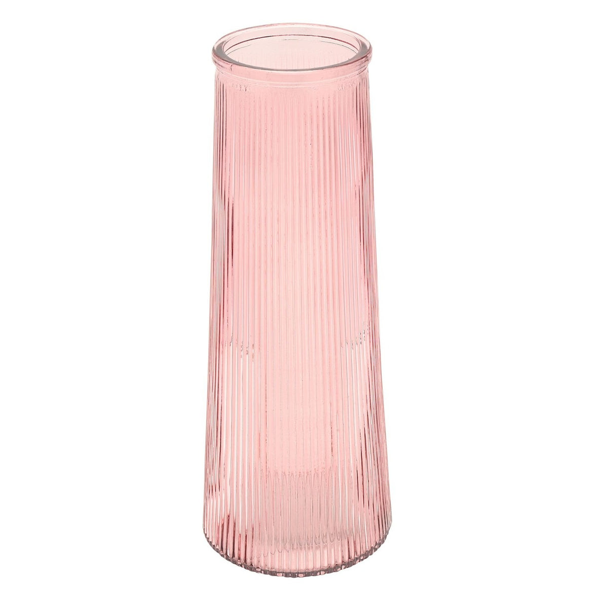 Tall Ribbed Tapered Glass Vase in pink with fine vertical ribbing and a gentle taper from wide base to narrow rim, shown against a plain white background.