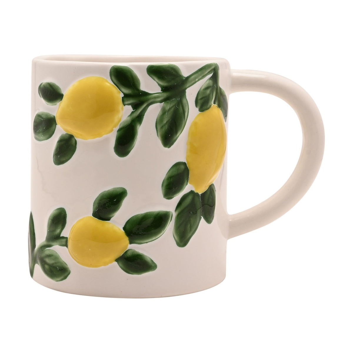 White ceramic mug, 600ml, featuring raised lemons on green leafy sprigs trailing around the sides, with a C-shaped handle, set against a plain white background.