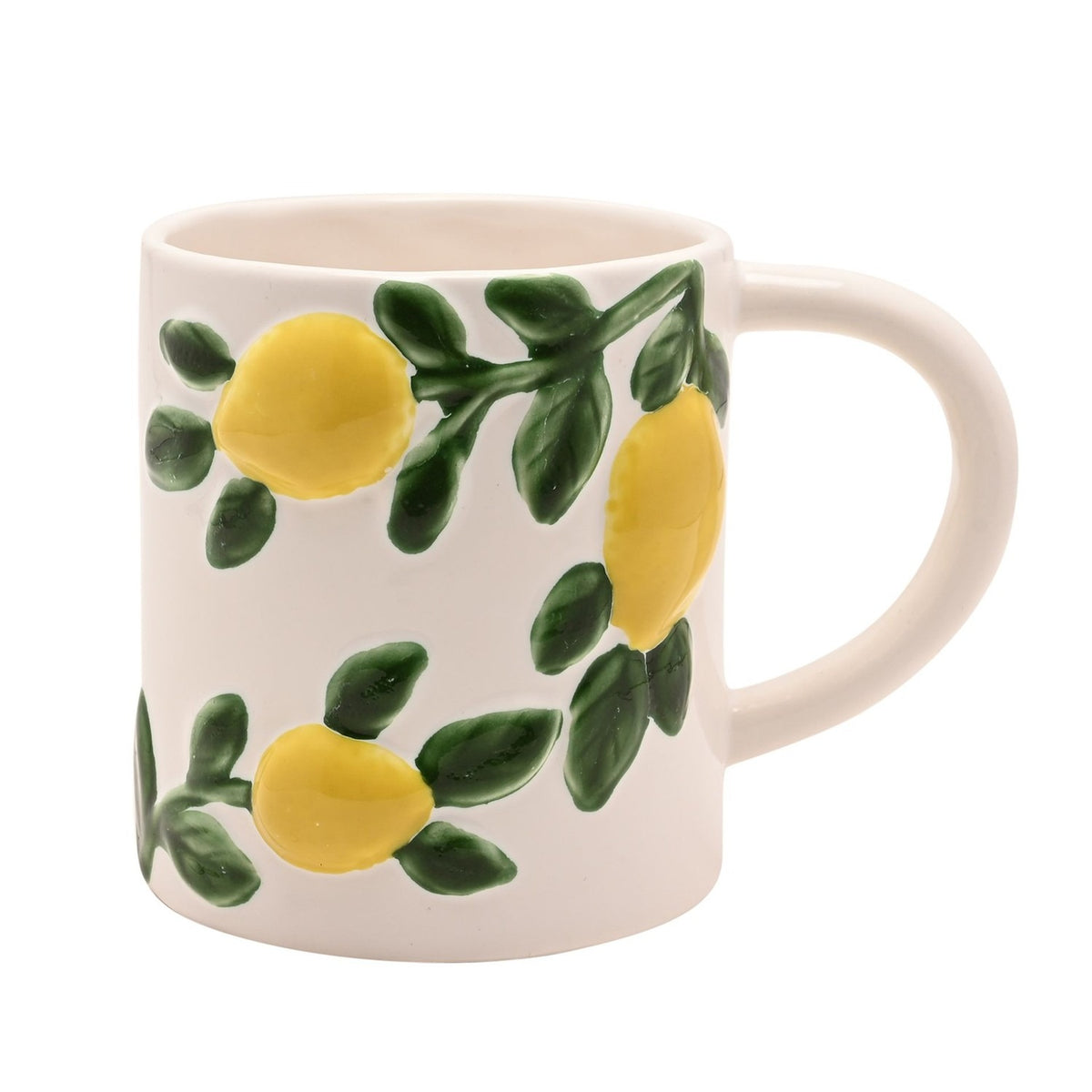 White ceramic mug with a C-handle, featuring raised yellow lemons on green leafy sprigs winding around the body, shown on a plain white background.
