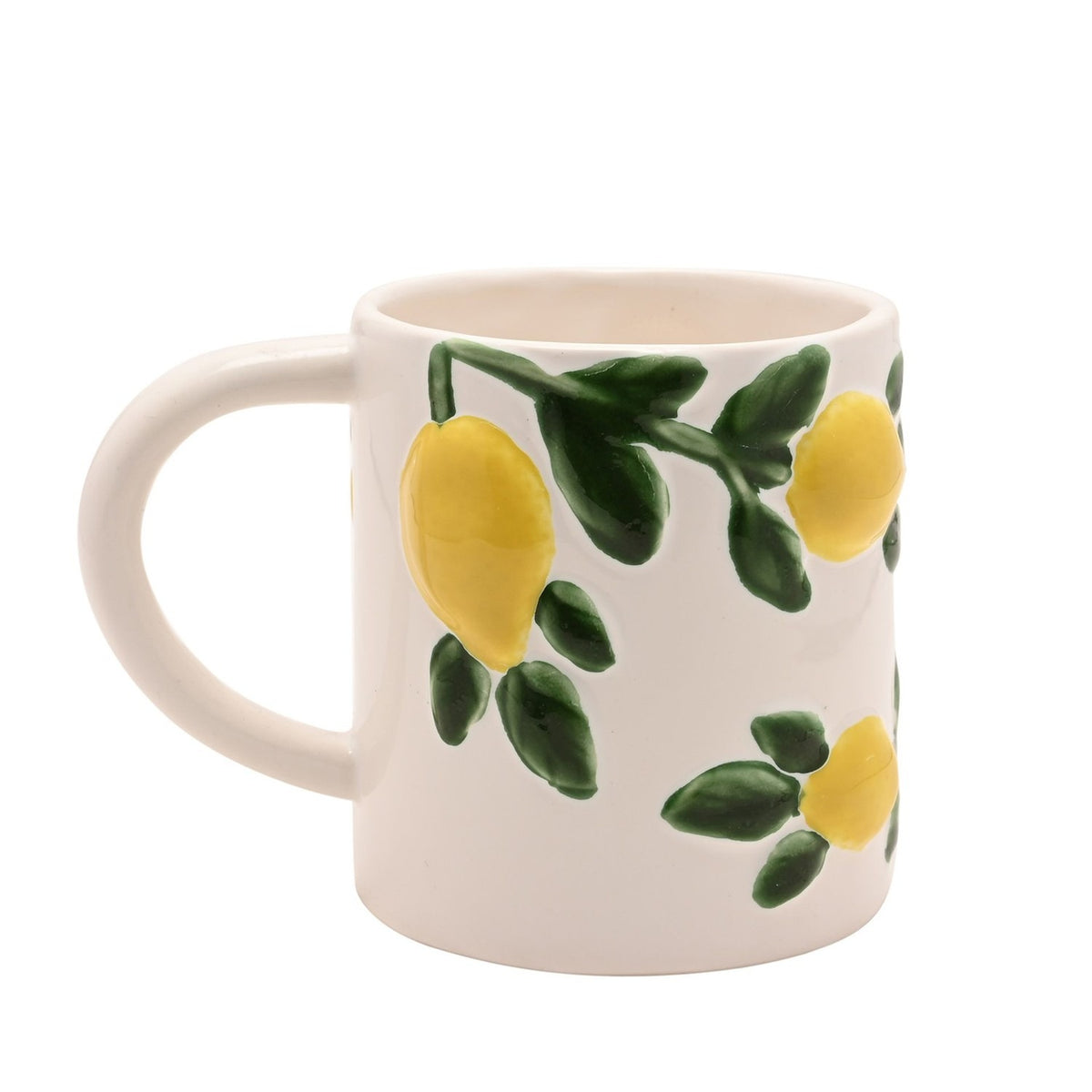 White ceramic mug with raised lemon and green leaf sprigs trailing around the side, finished in white with a C-shaped handle, shown on a plain background.