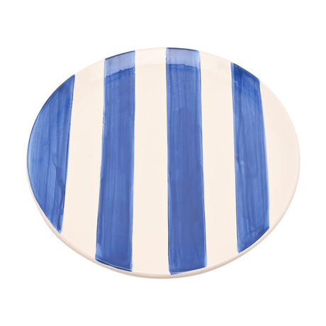 Round earthenware plate, 27.3cm, with broad cobalt blue stripes on a white ceramic surface, shown against a plain white background.
