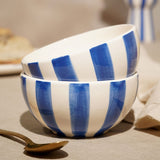 Vertical Striped Round Earthenware Bowl 530ml - White & Blue