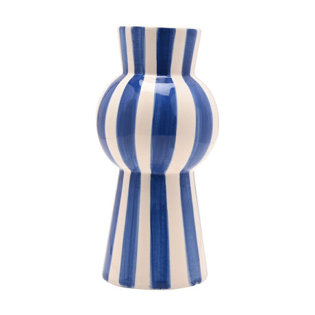 Tall ceramic vase with flared neck, rounded middle, and flared foot, featuring bold vertical blue and white stripes in a glossy glaze, shown on a plain white background.