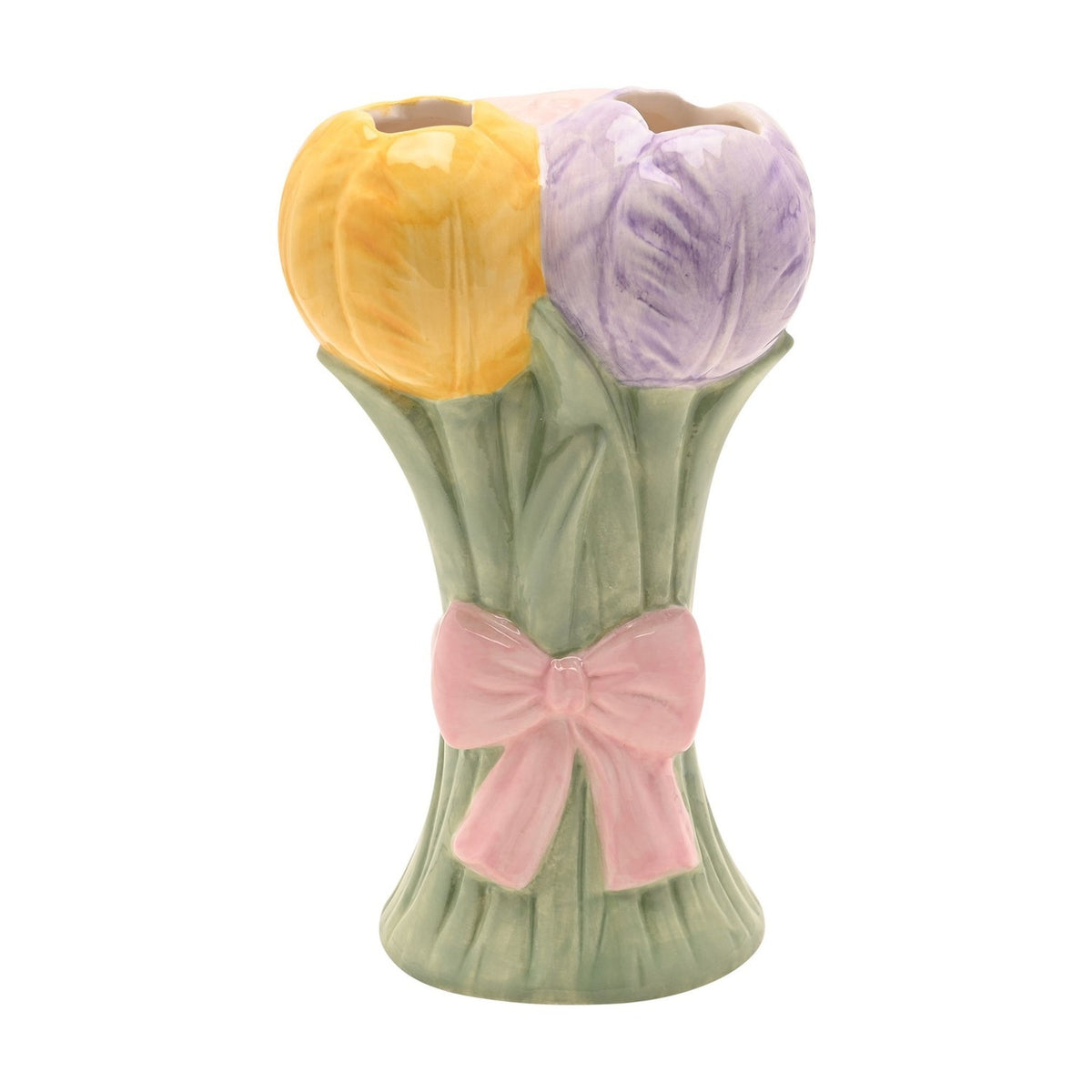 Ceramic vase shaped as a tulip bunch with yellow and lilac blooms on sage green stems tied with a raised pink bow, shown on a plain white background.