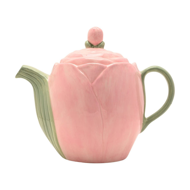 Blush Tulip Earthenware Teapot 1000ml with pink petal-shaped body and lid, sage green ribbed spout and handle, topped with a rounded bud knob, shown on a plain white background.