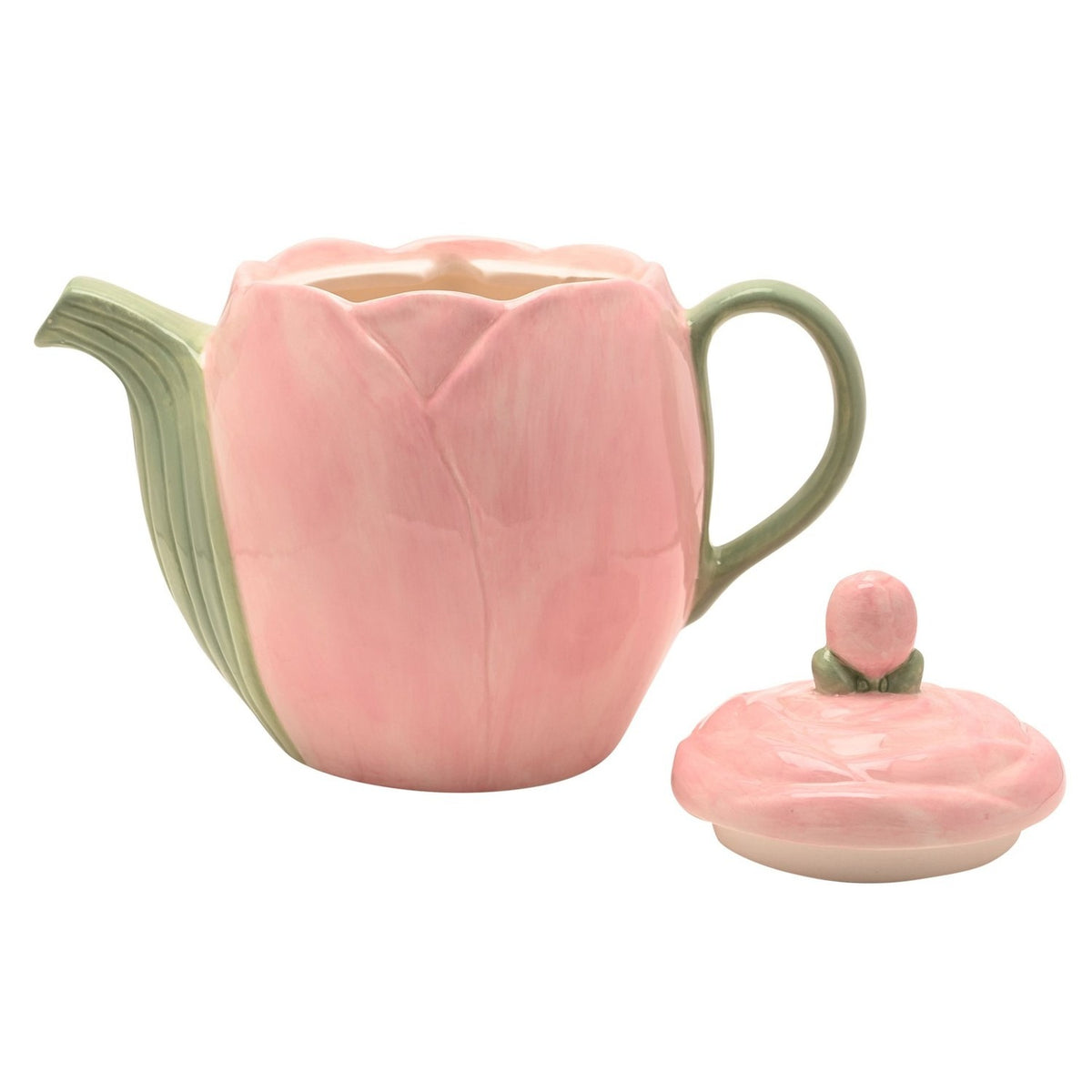 Blush Tulip Earthenware Teapot with pink petal-shaped body and lid, sage green ribbed spout and handle, topped with a rounded bud knob, lid removed beside it on a white background.
