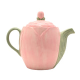 Blush Tulip Earthenware Teapot with Bud Knob 1000ml in pink, petal-shaped ceramic body with sage green handle, spout and leaf-topped lid knob, on a plain white background.