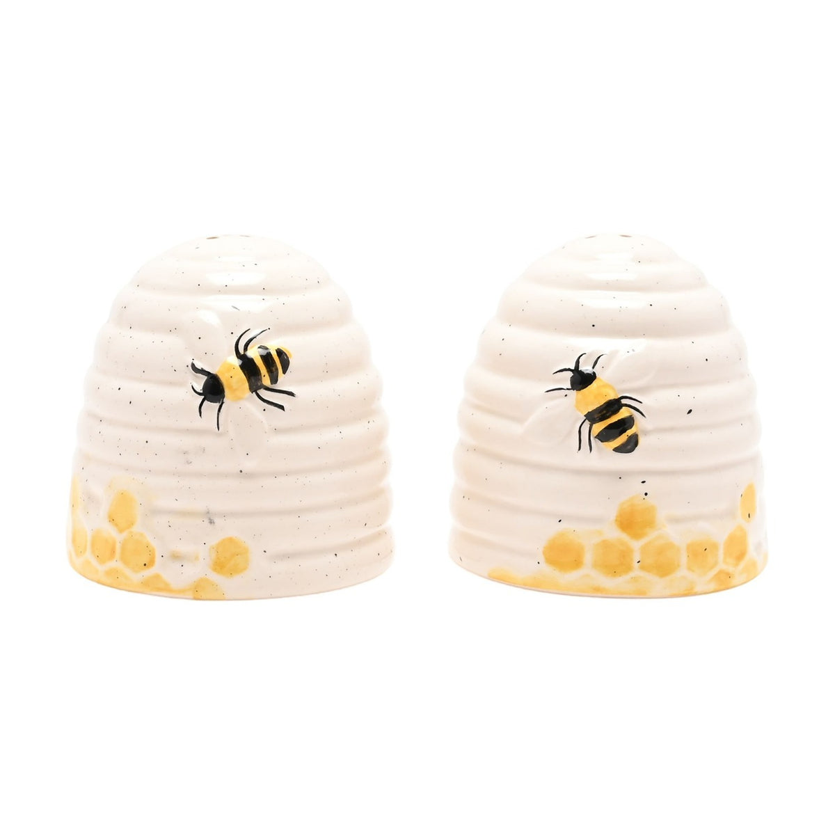 Bee Hive Honeycomb Earthenware Salt & Pepper Pot Set - White