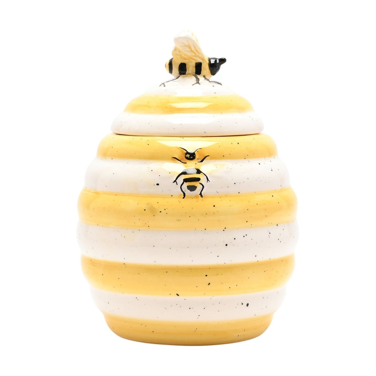 Bee Hive earthenware honey pot storage jar with ribbed white and yellow stripes, a bee-shaped lid knob and a sculpted bee on the side, shown on a plain white background.
