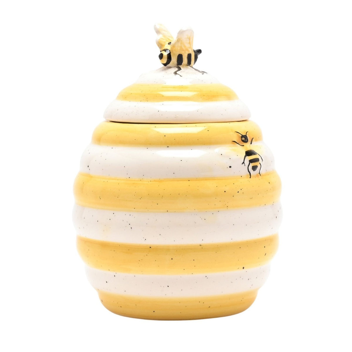 Bee Hive earthenware honey pot storage jar in white and yellow ribbed stripes, with a sculpted bee on the lid knob and another bee climbing the side, on a plain white background.
