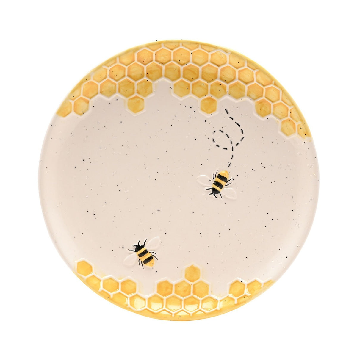 Round earthenware plate in cream with raised yellow honeycomb borders top and bottom, two striped bees and a dashed flight path across the centre, on a plain white background.